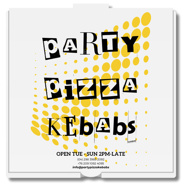 Party Pizza Kebabs in black and yellow printed on a pizza box