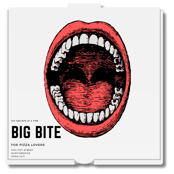 A big mouth open wide printed on a  white pizza box