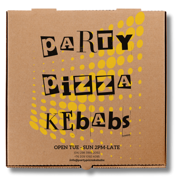 party pizza kebabs printed in yellow and black on a pizza box