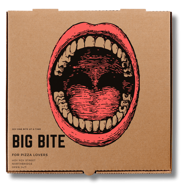 A big open mouth printed on a brown pizza box