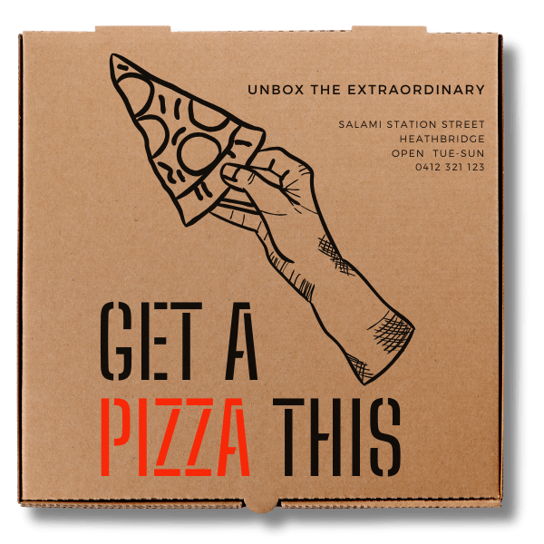 A hand holding a piece of pizza with words saying Get a Pizza This