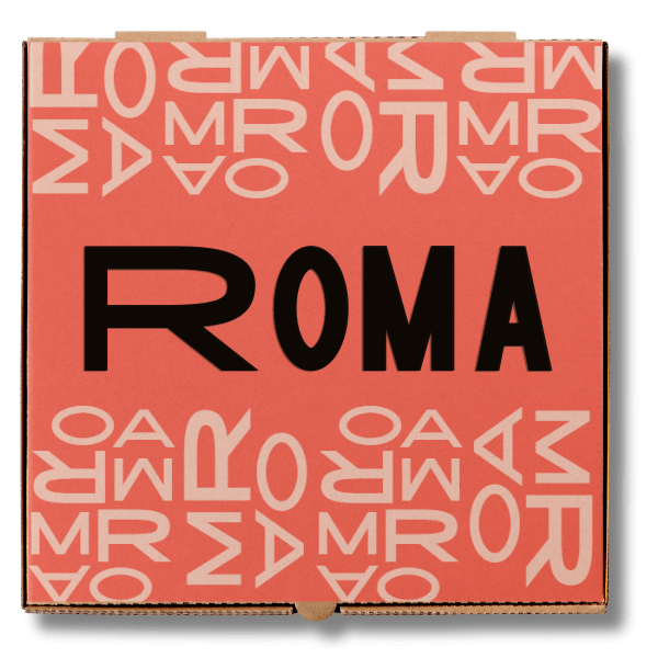 Roma printed on a pizza box