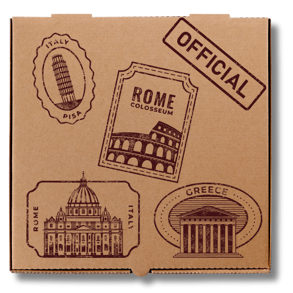 Pizza box with Rome passport style stamped on the lid