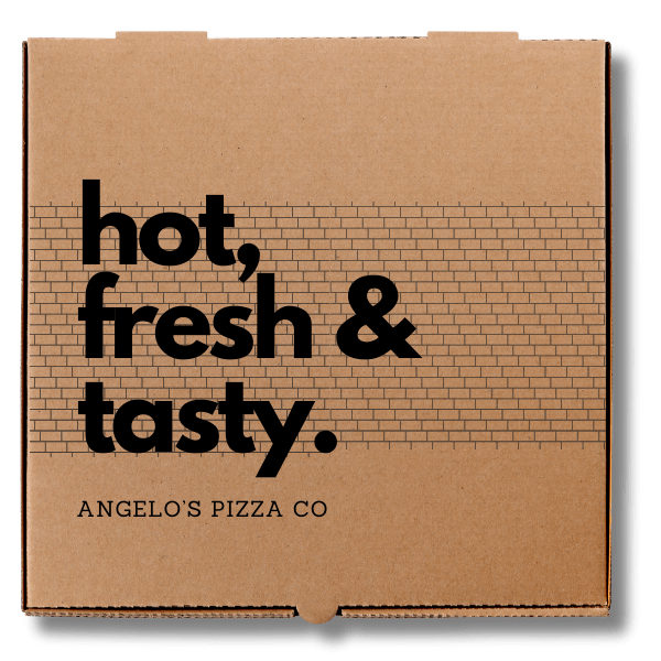 Hot. Fresh. & Tasty printed on a pizza box