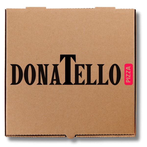 Donatello Pizza printed on a brown pizza box