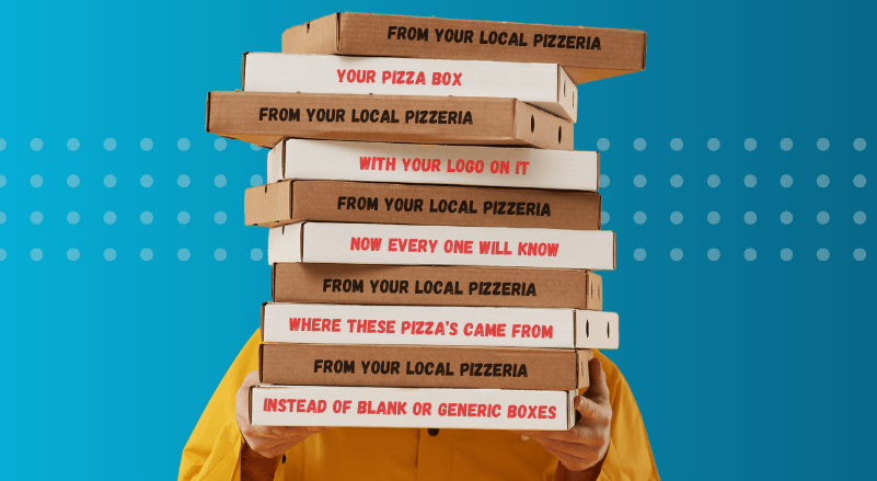 a stack of 10 pizza boxes with messages saying your pizza box with your logo on it now everyone will know where these pizza's come from.