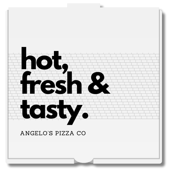 Hot. Fresh. Tasty printed on a pizza box