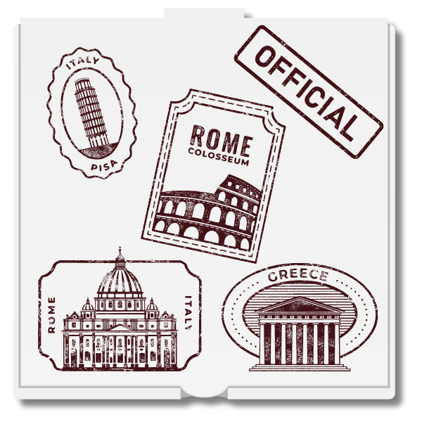 Pizza box with Rome Passport style stamps